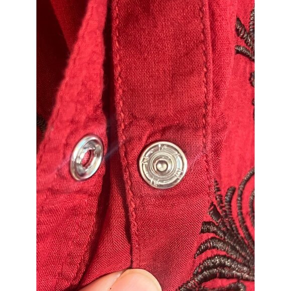 Retro Western Pearl Snap L Red Floral Embroidery Cowgirl Country Farm Metallic - Picture 5 of 12